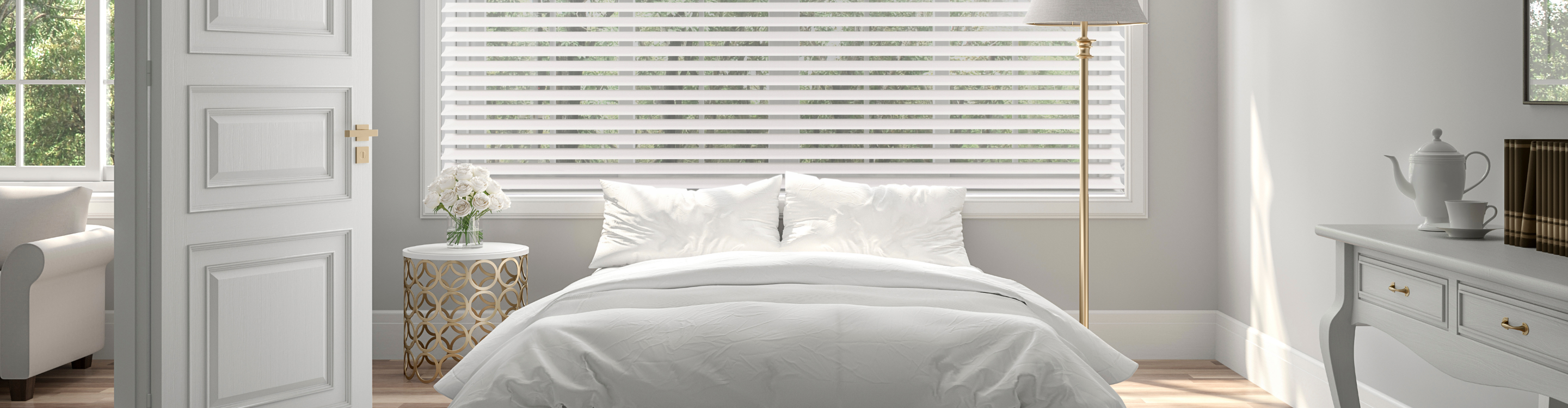 Bedroom, window coverings, white wall, hardwood flooring.