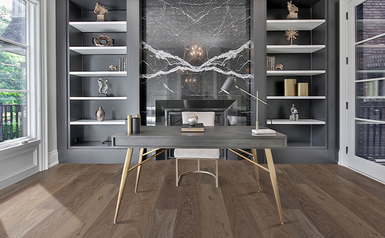 hardwood home office with grey desk