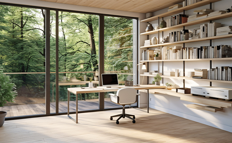 multi functional desk area with hardwood flooring